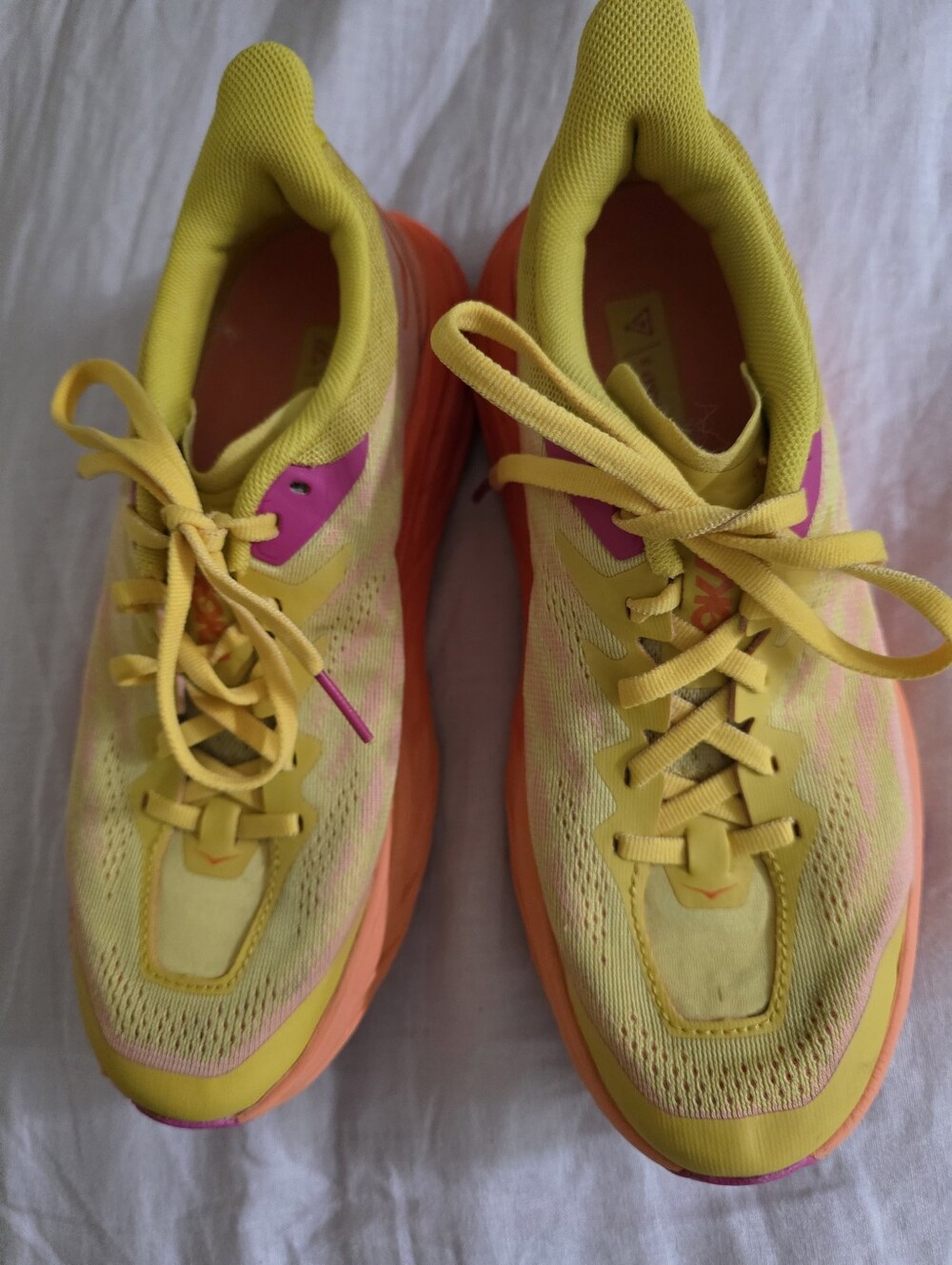 Hoka Speedgoat 5 Worn 3 X Yellow and Coral Running Sneakers